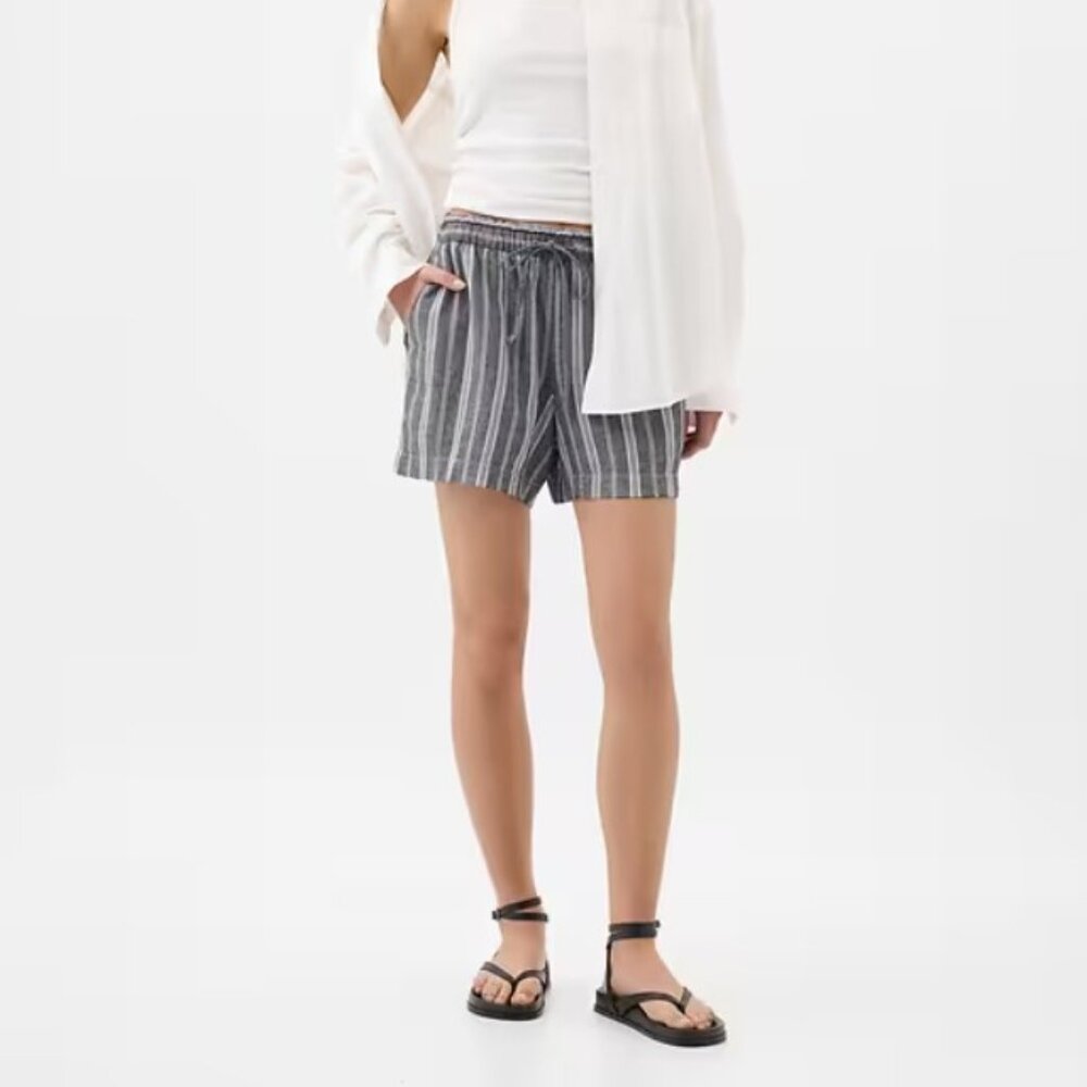 4" Mid Rise Easy Pull-On Linen-Blend Shorts- Blue Stripe